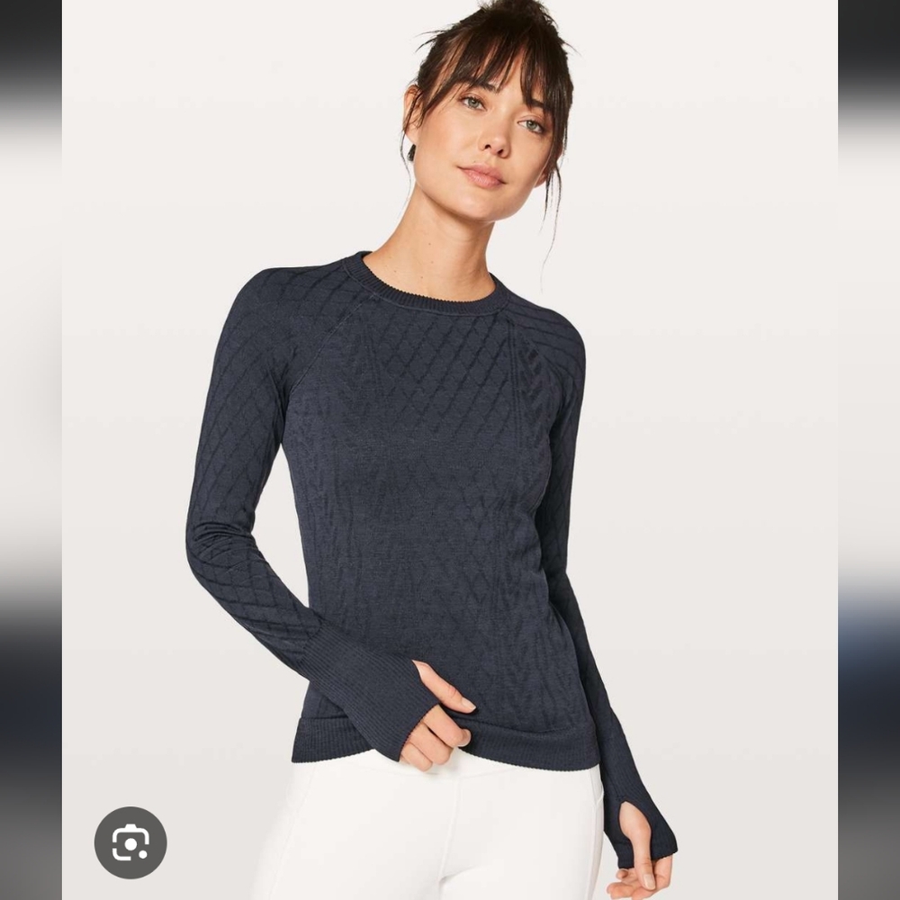 Lululemon Rest Less Pullover Navy Blue Jacquard Knit Thumbholes Size 4 NEW